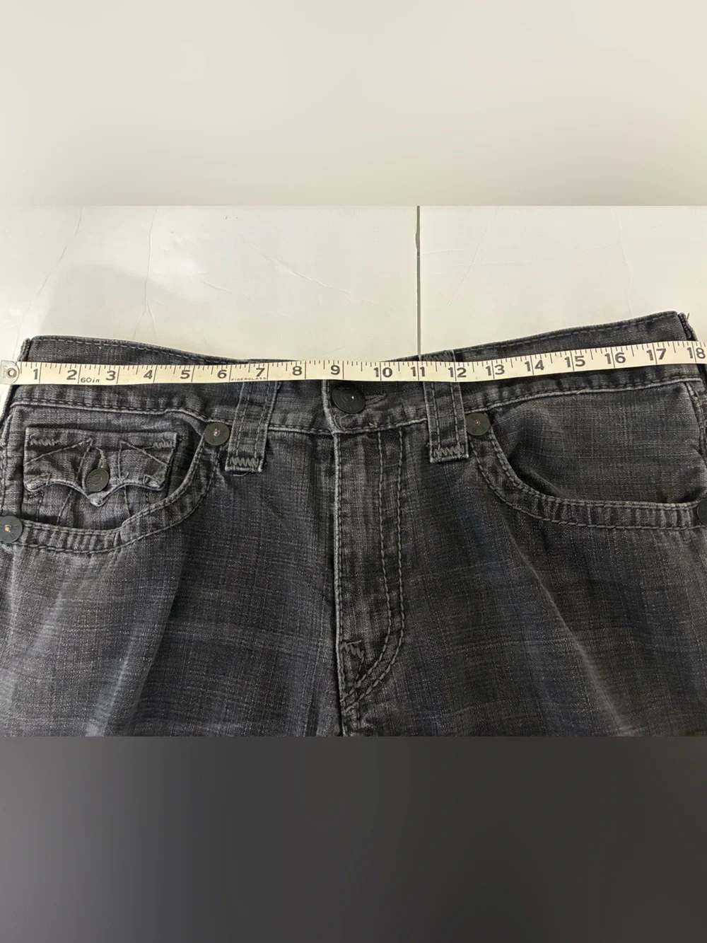 True Religion Jeans Men 36x32  Ricky Big T Flap Pockets Faded Black Grunge